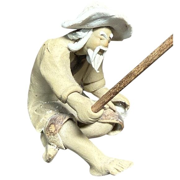 Chinese Shiwan Fisherman Figurine Mudman Fishing Pole Oriental Clay Pottery 2" - Picture 10 of 13